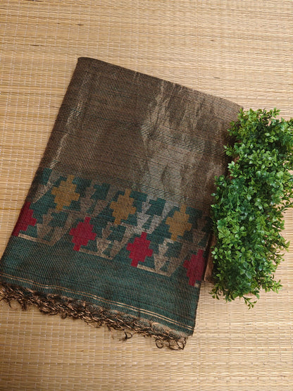 Qafiya - Handwoven Tussar Needle Jamdani saree by Rihyaaz featuring intricate woven motifs, premium Tussar silk fabric, elegant drape, and authentic Bengal craftsmanship for festive and wedding wear.
