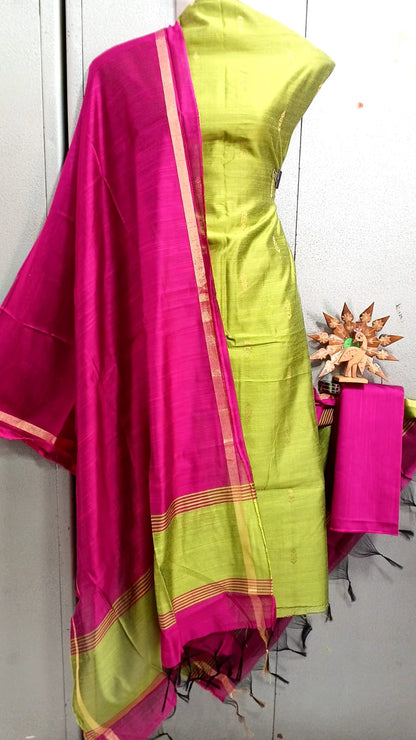 Semi Raw Silk Buta Design Unstitched Dress Material Set