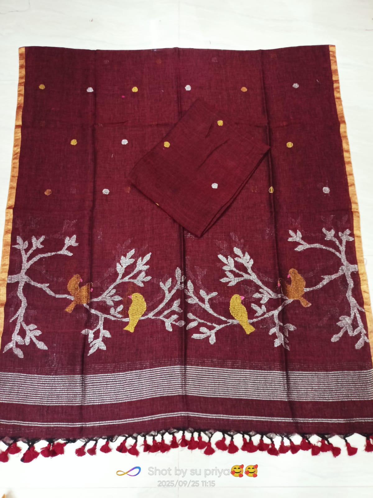 Doyel dual zari bird motif linen suit