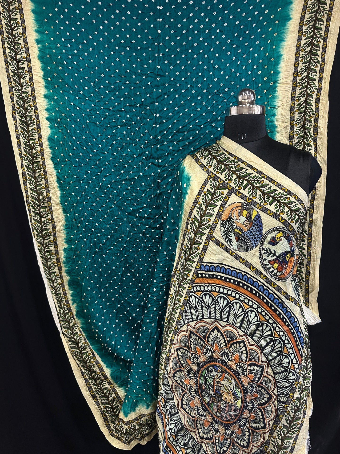 Pure Modal Silk Bandhani Saree – Kalamkari x Bandhani Fusion | Natural Block Prints
