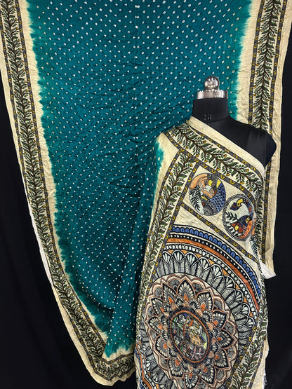 Pure Modal Silk Bandhani Saree – Kalamkari x Bandhani Fusion | Natural Block Prints
