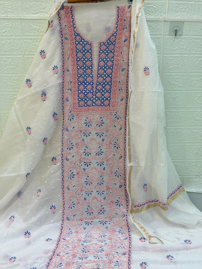 Fabric Mul Mul Chanderi Suit Set – Kurta & Dupatta | Chikan Fine Work | Colour Thread Embroidery | Pearl & Cuttdhana Detailing | Dyeable Fabric