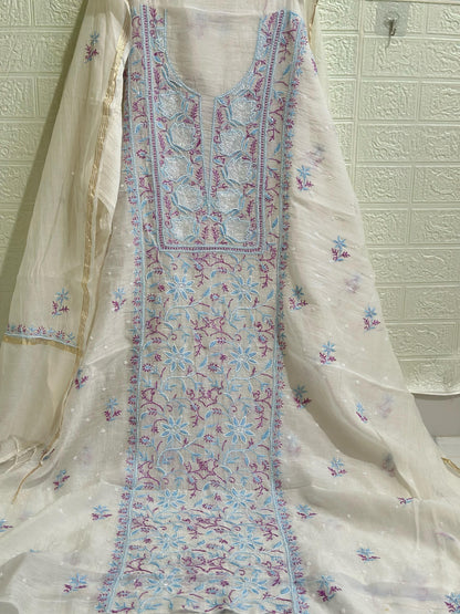 Fabric Mul Mul Chanderi Suit Set – Kurta & Dupatta | Chikan Fine Work | Colour Thread Embroidery | Pearl & Cuttdhana Detailing | Dyeable Fabric