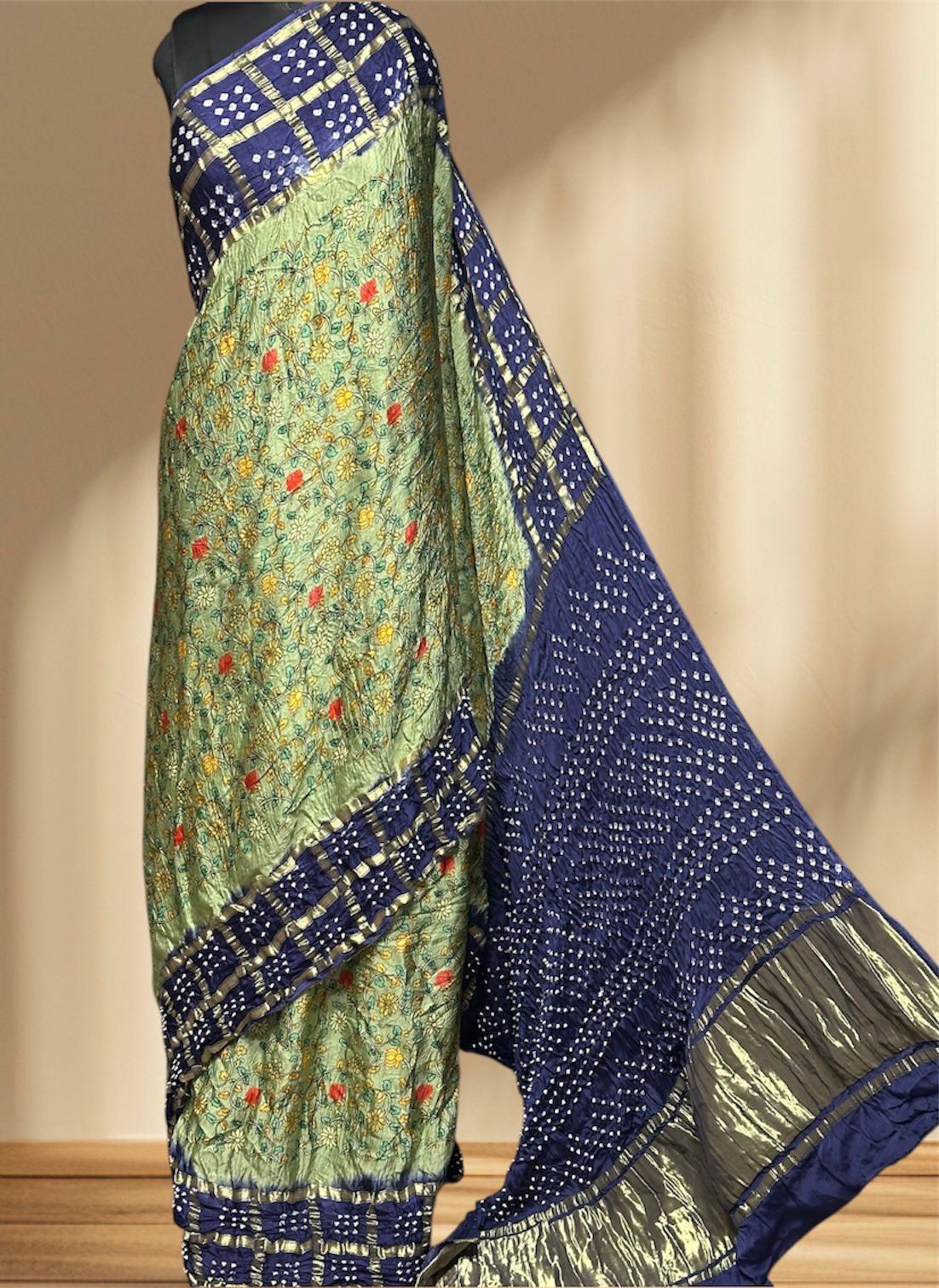 Kalamkari Bandhej Modal Silk Saree with Heavy Tissue Pallu | Digital Print Natural Dye |