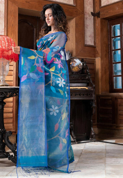 Papri Resham silk jamdani saree with allover handwoven bird & floral weaves by Rihyaaz 