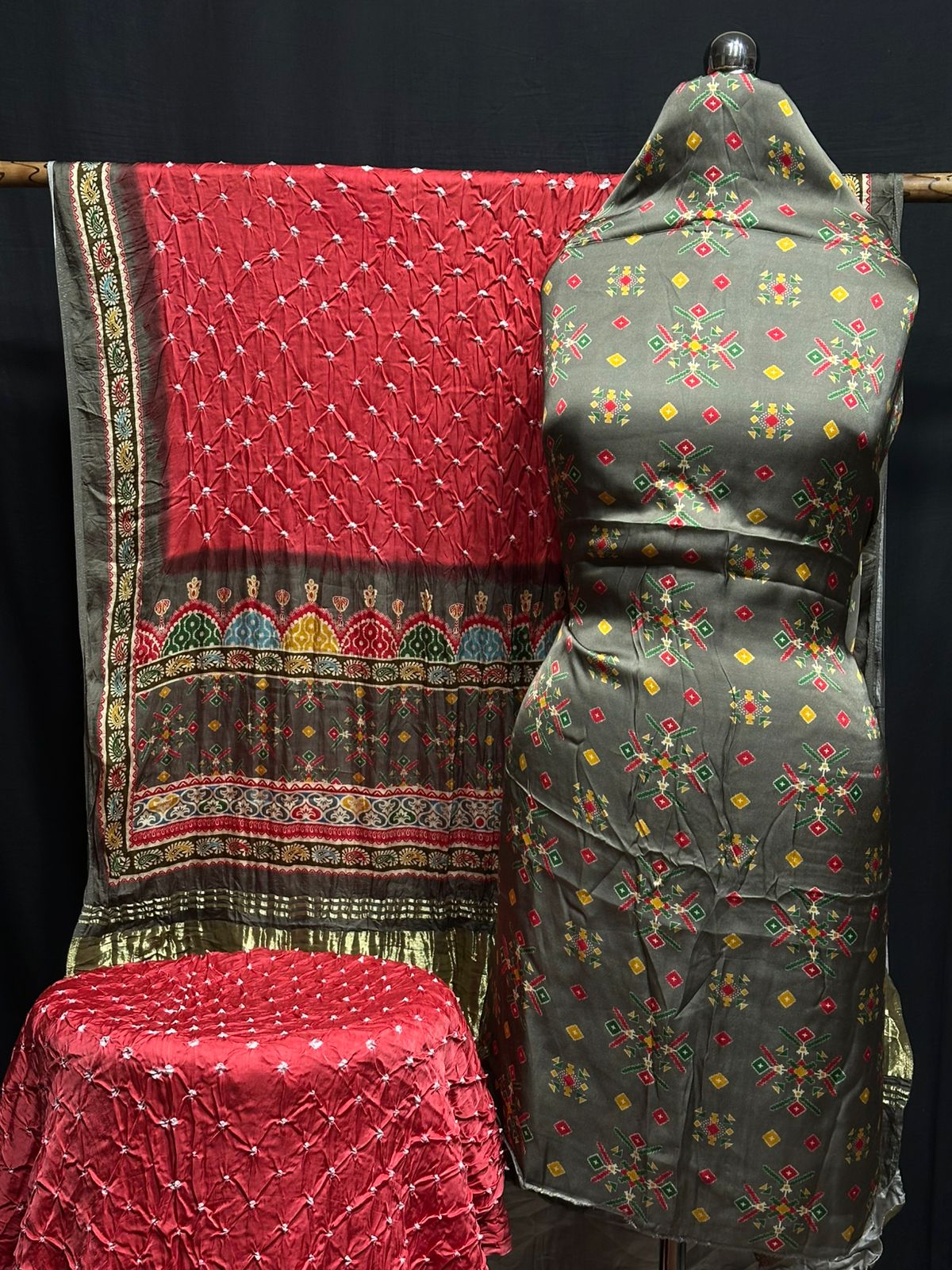 Kalamkari Bandhej 3-Piece Suit – Premium Modal Silk Elegance