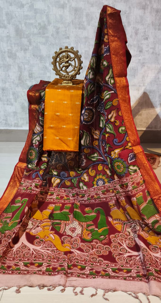 Ikkat Raw Silk Unstitched Dress Material with Kalamkari Dupatta