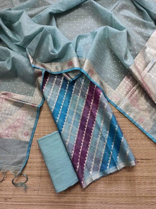 Premium Banarasi Pure Mercerised Suit Set | Lorex Weaving Handbrush Top & Dupatta | Cotton Silk Dyed Bottom