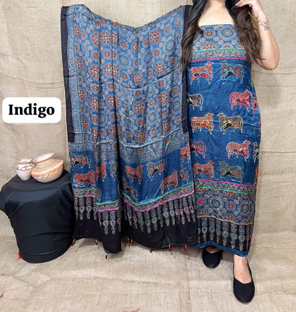 Pure Modal Silk Ajrakh Hand Block Printed Suit | Natural Dye | Premium Handcrafted Set