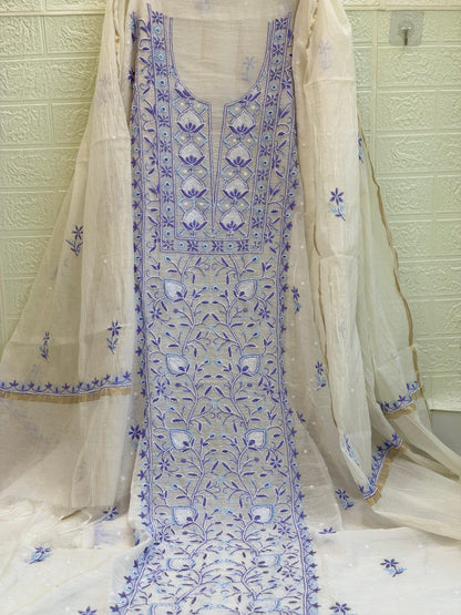 Fabric Mul Mul Chanderi Suit Set – Kurta & Dupatta | Chikan Fine Work | Colour Thread Embroidery | Pearl & Cuttdhana Detailing | Dyeable Fabric