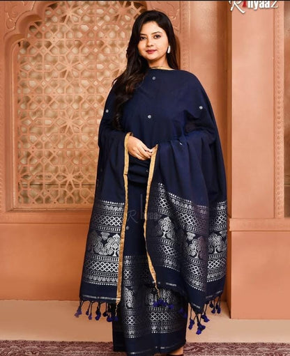 𝓣𝓻𝓪𝔂𝓪 Tissue Linen Korvai Border Suit by Rihyaaz, available in customisable colours and ready to dispatch.