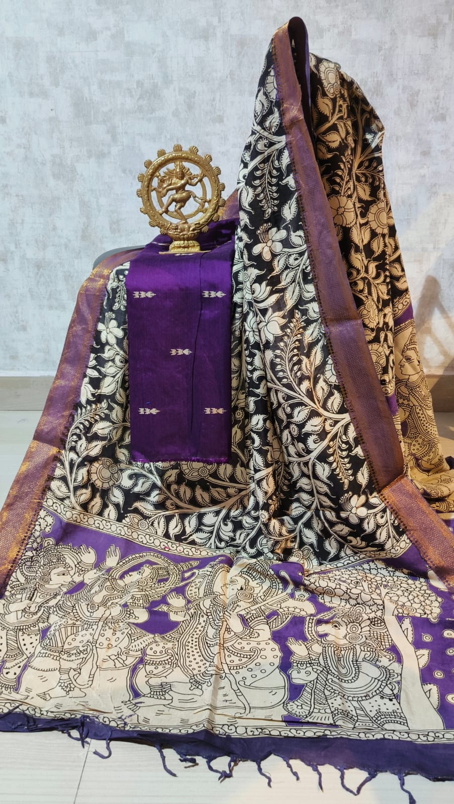 Ikkat Raw Silk Unstitched Dress Material with Kalamkari Dupatta