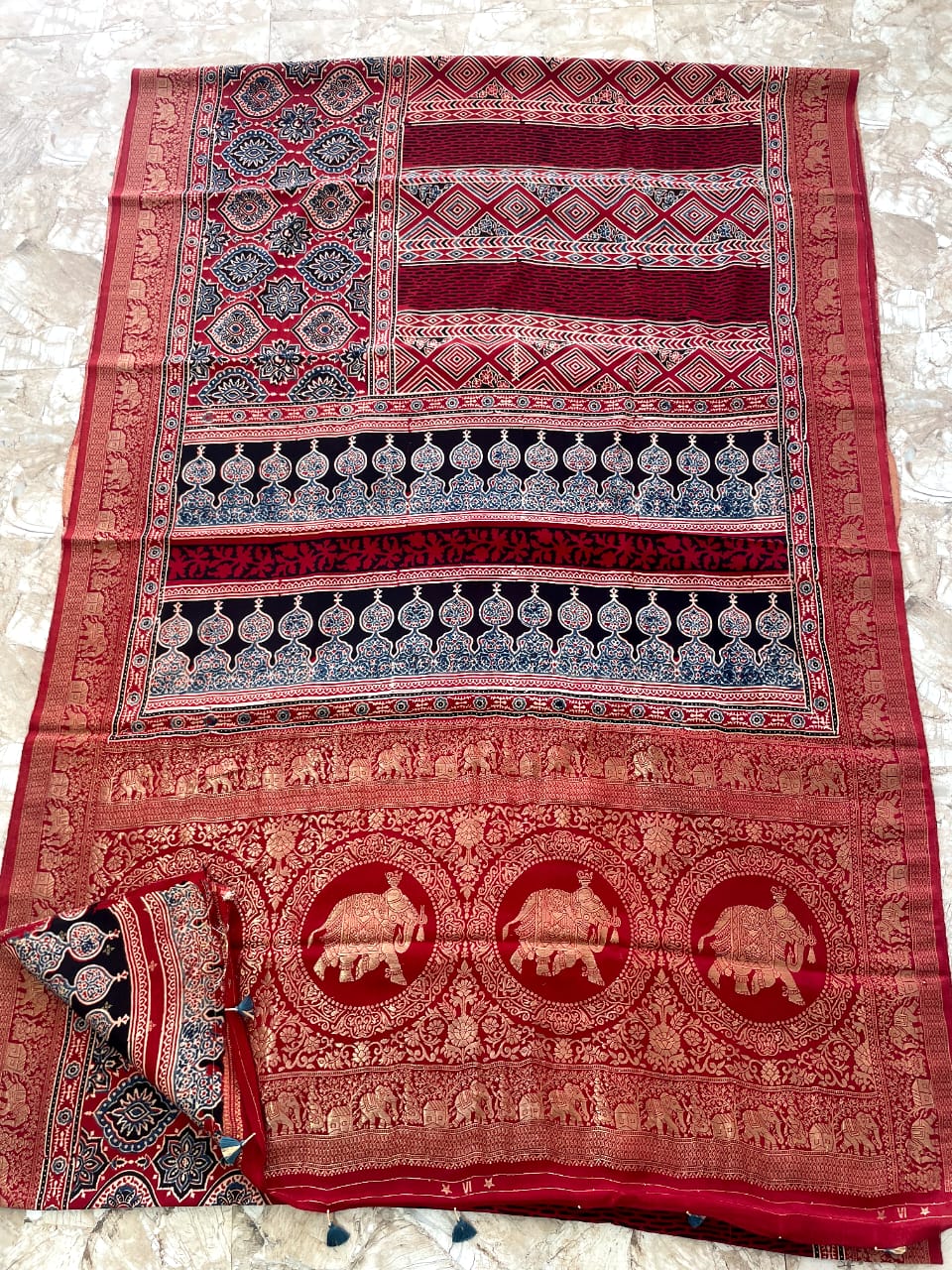 Dola Benarasi Pallu Ajrakh Hand Block Print Saree | Authentic Handloom Elegance