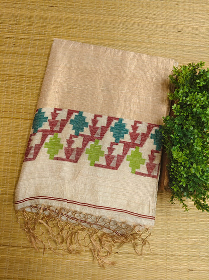 Qafiya - Handwoven Tussar Needle Jamdani saree by Rihyaaz featuring intricate woven motifs, premium Tussar silk fabric, elegant drape, and authentic Bengal craftsmanship for festive and wedding wear.