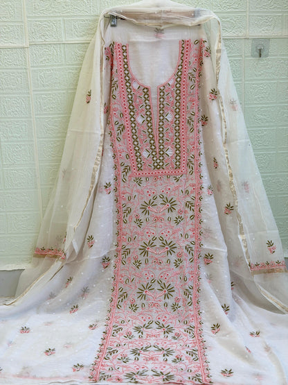 Fabric Mul Mul Chanderi Suit Set – Kurta & Dupatta | Chikan Fine Work | Colour Thread Embroidery | Pearl & Cuttdhana Detailing | Dyeable Fabric
