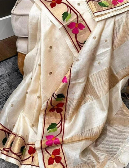 Pure Handloom Tussar Silk Suit - Exquisite Embroidery Border | Premium Weave | Silk Mark Certified