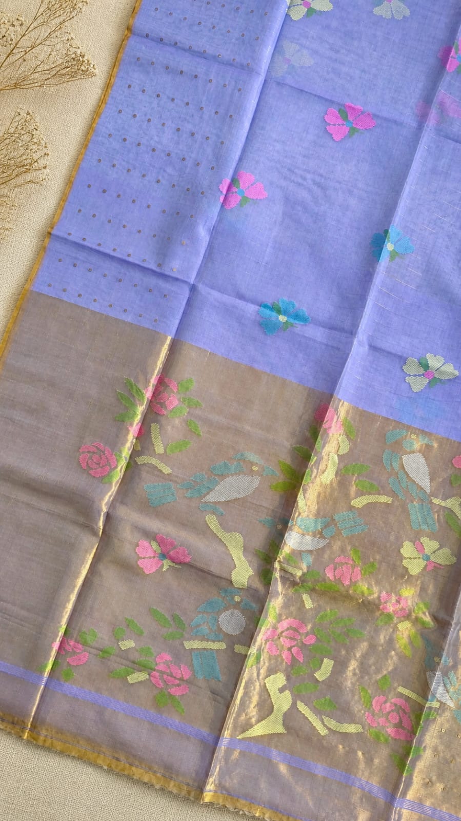 Titli by Rihyaaz – Beautiful muslin Paithani style needle work Jamdani saree with delicate sequins work and matching blouse piece, handcrafted for festive and occasion wear.