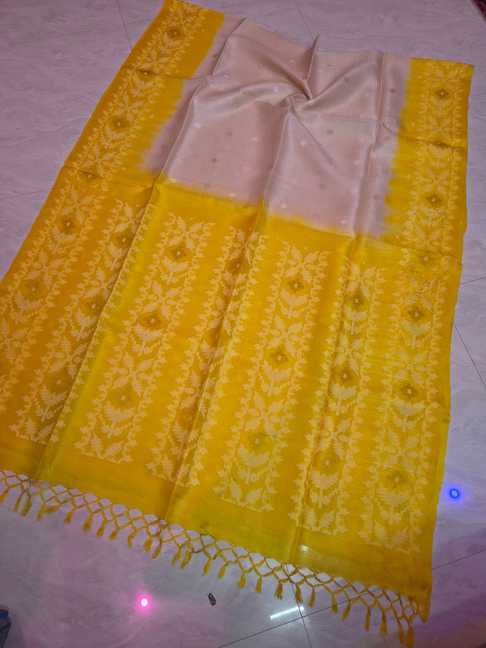 Pure Tussar Jamdani Tie-Dye Saree | Handwoven Tussar Silk with Blouse