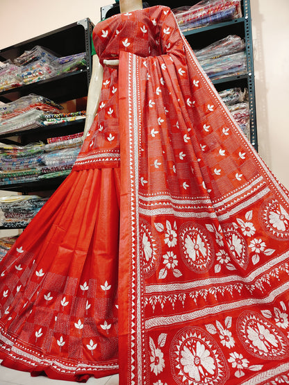 Traditional Shantiniketan Hand Kantha Stitch Saree in Blended Bangalore Silk | Rihyaaz