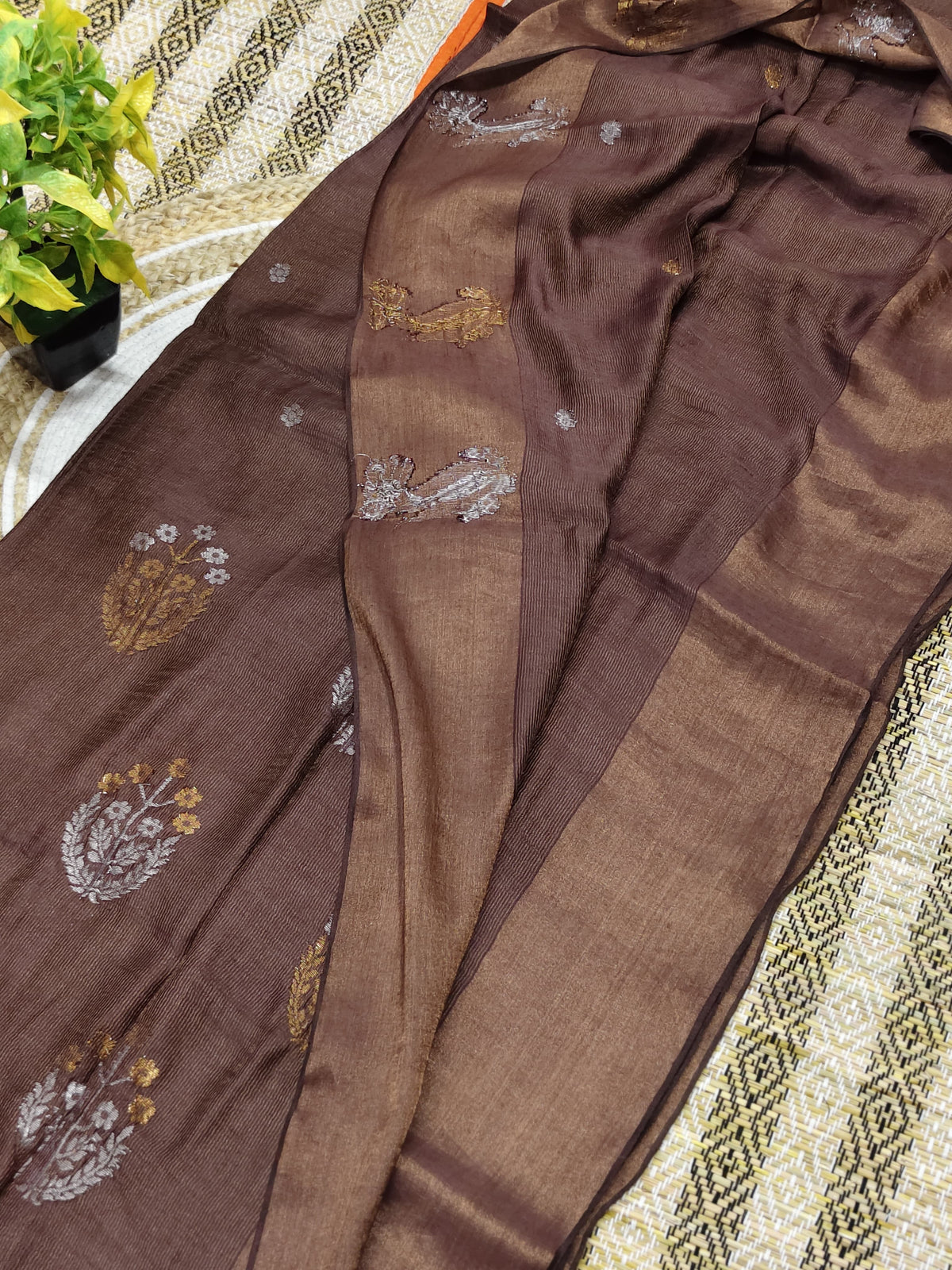 Sharanya dark brown premium handwoven tissue silk by modal saree with blouse piece by Rihyaaz Fashions, soft and lightweight designer ethnic wear.