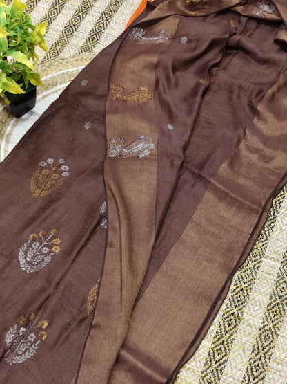 Sharanya dark brown premium handwoven tissue silk by modal saree with blouse piece by Rihyaaz Fashions, soft and lightweight designer ethnic wear.