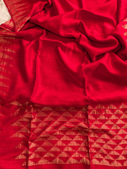 Durga Red premium-quality Pure Matka Jamdani saree with traditional woven designs and running Matka blouse piece by Rihyaaz Fashions.