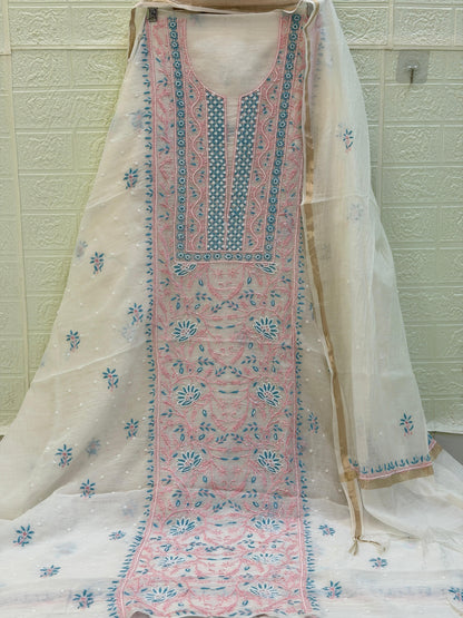 Fabric Mul Mul Chanderi Suit Set – Kurta & Dupatta | Chikan Fine Work | Colour Thread Embroidery | Pearl & Cuttdhana Detailing | Dyeable Fabric