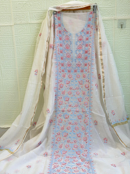 Fabric Mul Mul Chanderi Suit Set – Kurta & Dupatta | Chikan Fine Work | Colour Thread Embroidery | Pearl & Cuttdhana Detailing | Dyeable Fabric