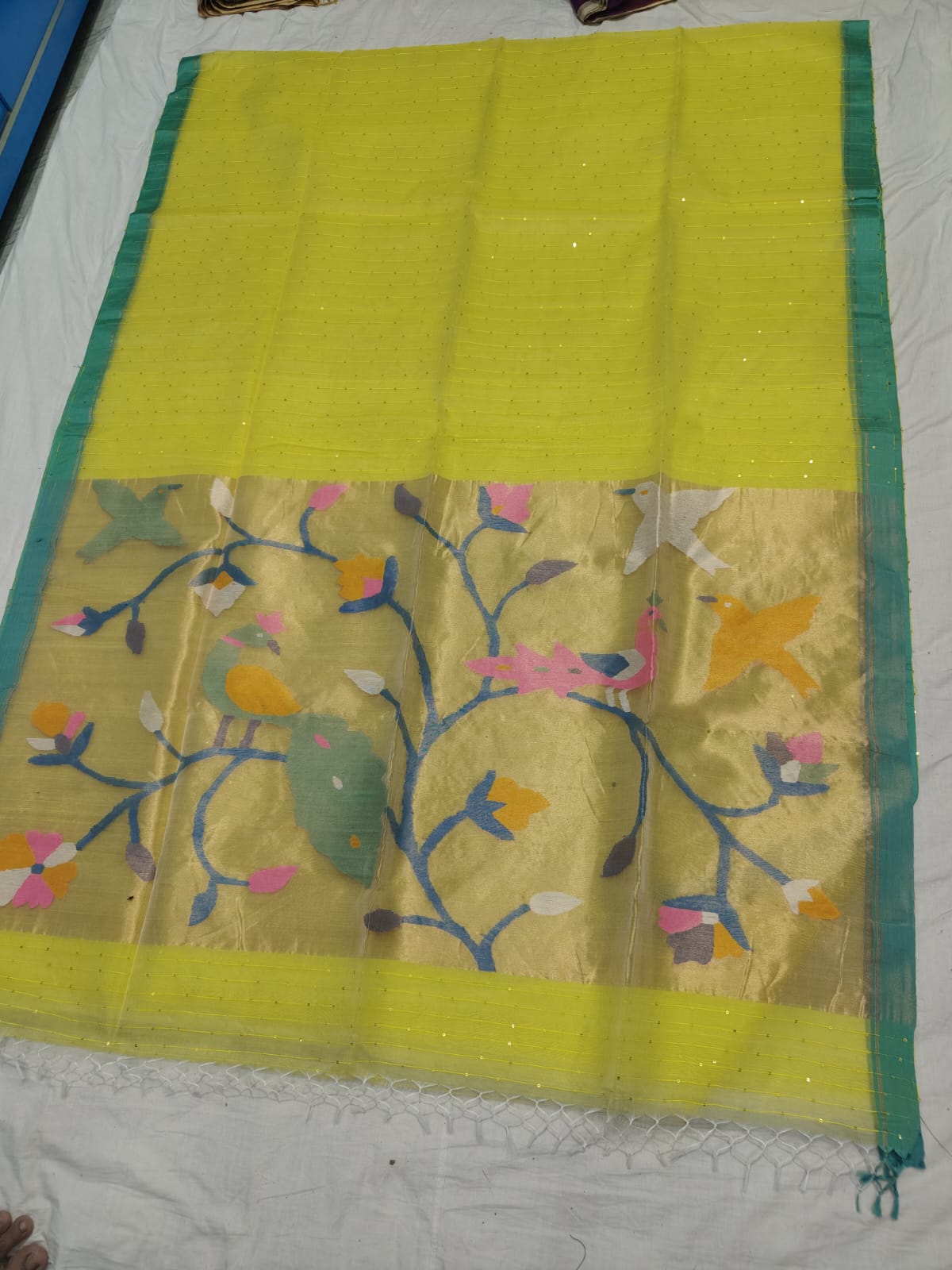 𝓞𝓭𝓱𝓪𝓷𝓲 – Muslin Silk Pathani Weave Saree with All-Over Sequin Elegance