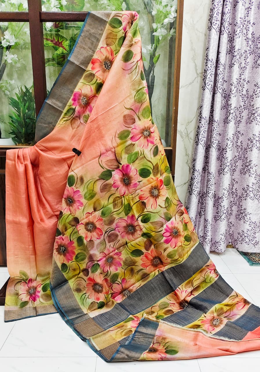 Sparsh – Hand-Painted Bishnupuri Tussar Saree with Zari Border