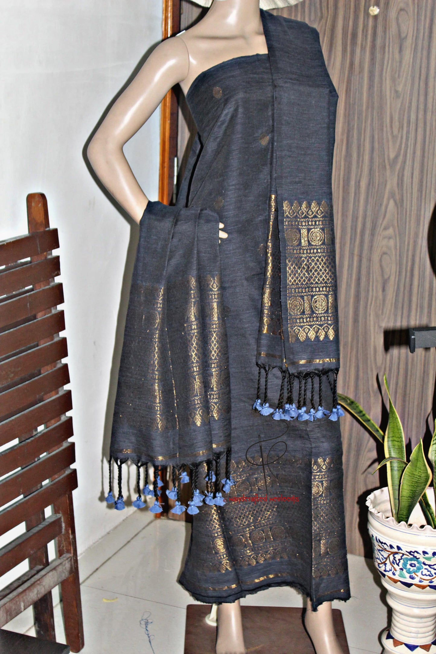 Ramya- Premium Textured Linen Suit with Madurai Border Top & Dupatta | Elegant Handwoven Craft