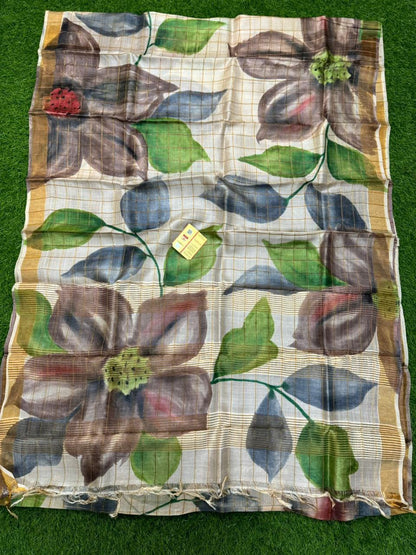 Pure Handloom Tussar Silk – Digital Print & Hand-Painted Saree (Silk Mark Certified)