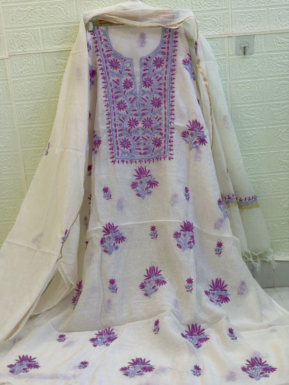 Mul Mul Chanderi Suit Set – Kurta & Dupatta | Fine Chikan Work | Colour-Dyeble Fabric