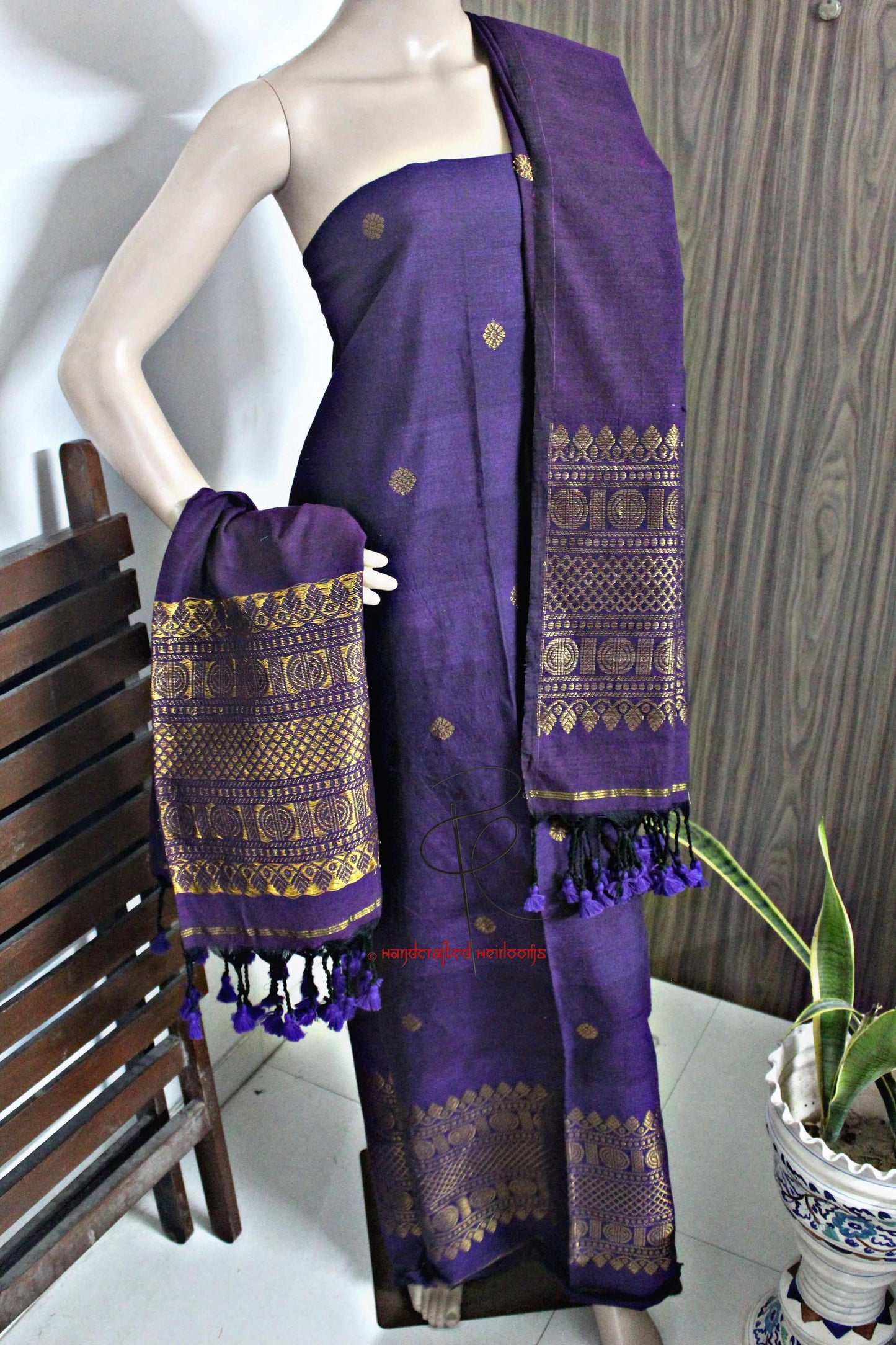 Ramya- Premium Textured Linen Suit with Madurai Border Top & Dupatta | Elegant Handwoven Craft