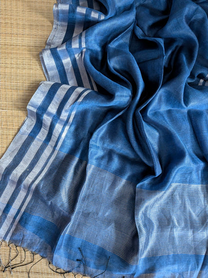 Blue Pure 100-count Jayashree linen saree with tested zari double border on both sides and zari palla, including running blouse piece from Rihyaaz Fashions.