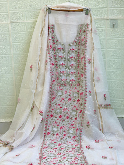 Fabric Mul Mul Chanderi Suit Set – Kurta & Dupatta | Chikan Fine Work | Colour Thread Embroidery | Pearl & Cuttdhana Detailing | Dyeable Fabric