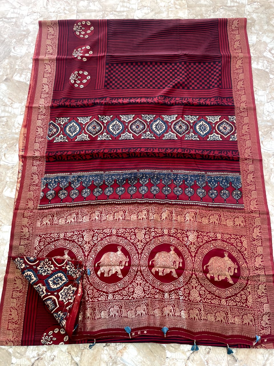 Dola Benarasi Pallu Ajrakh Hand Block Print Saree | Authentic Handloom Elegance
