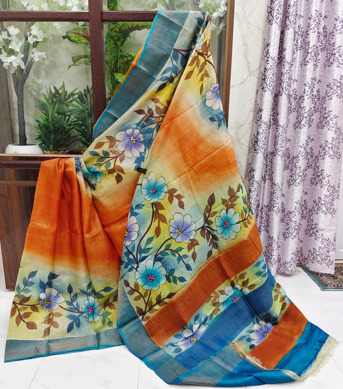 Sparsh – Hand-Painted Bishnupuri Tussar Saree with Zari Border