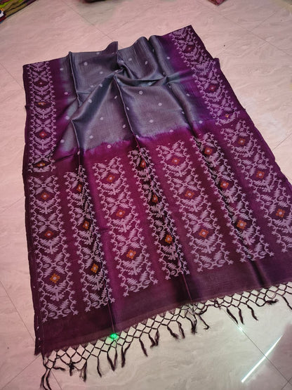 Pure Tussar Jamdani Tie-Dye Saree | Handwoven Tussar Silk with Blouse