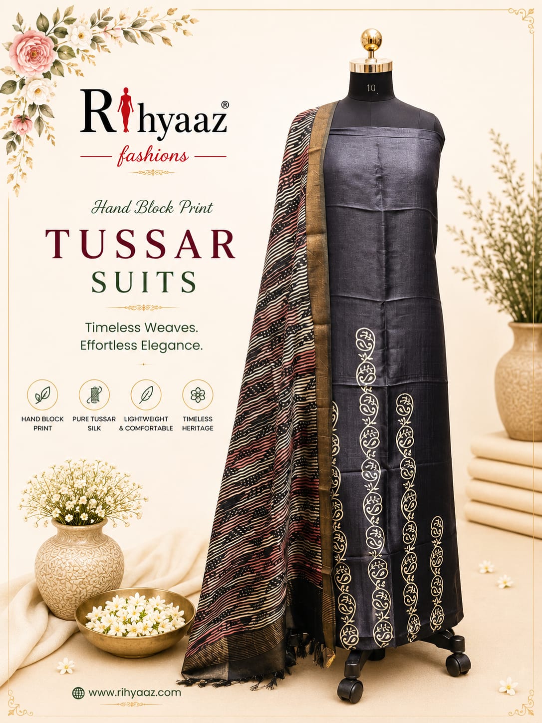 Shringar Handblock Printed Tussar Suit with Zari Border Dupatta
