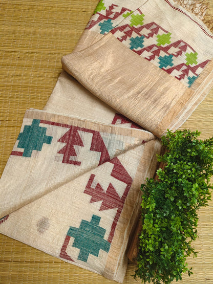 Qafiya - Handwoven Tussar Needle Jamdani saree by Rihyaaz featuring intricate woven motifs, premium Tussar silk fabric, elegant drape, and authentic Bengal craftsmanship for festive and wedding wear.