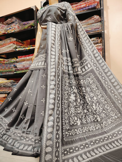 Traditional Shantiniketan Hand Kantha Stitch Saree in Blended Bangalore Silk | Rihyaaz
