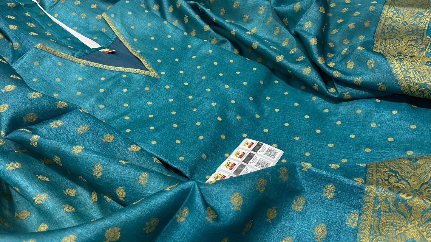 Pure Tussar Silk Handwoven Dress Material Set | Semi-Stitched Kurta with Handwoven Tussar Dupatta