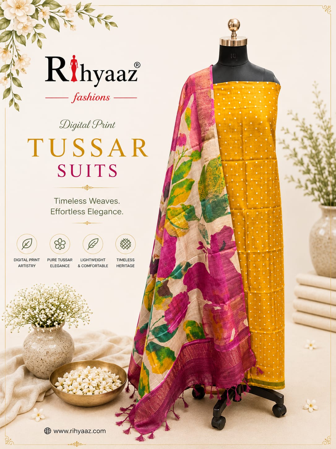 Mahi – Zari Tussar 4 Ply Digital Print Suit Set | Rihyaaz