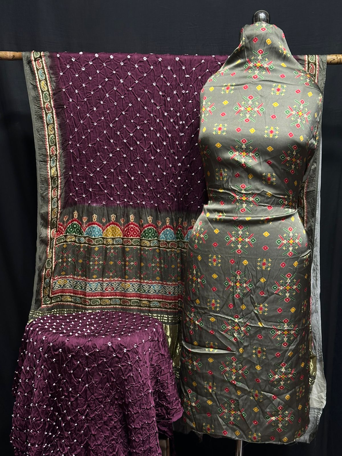 Kalamkari Bandhej 3-Piece Suit – Premium Modal Silk Elegance