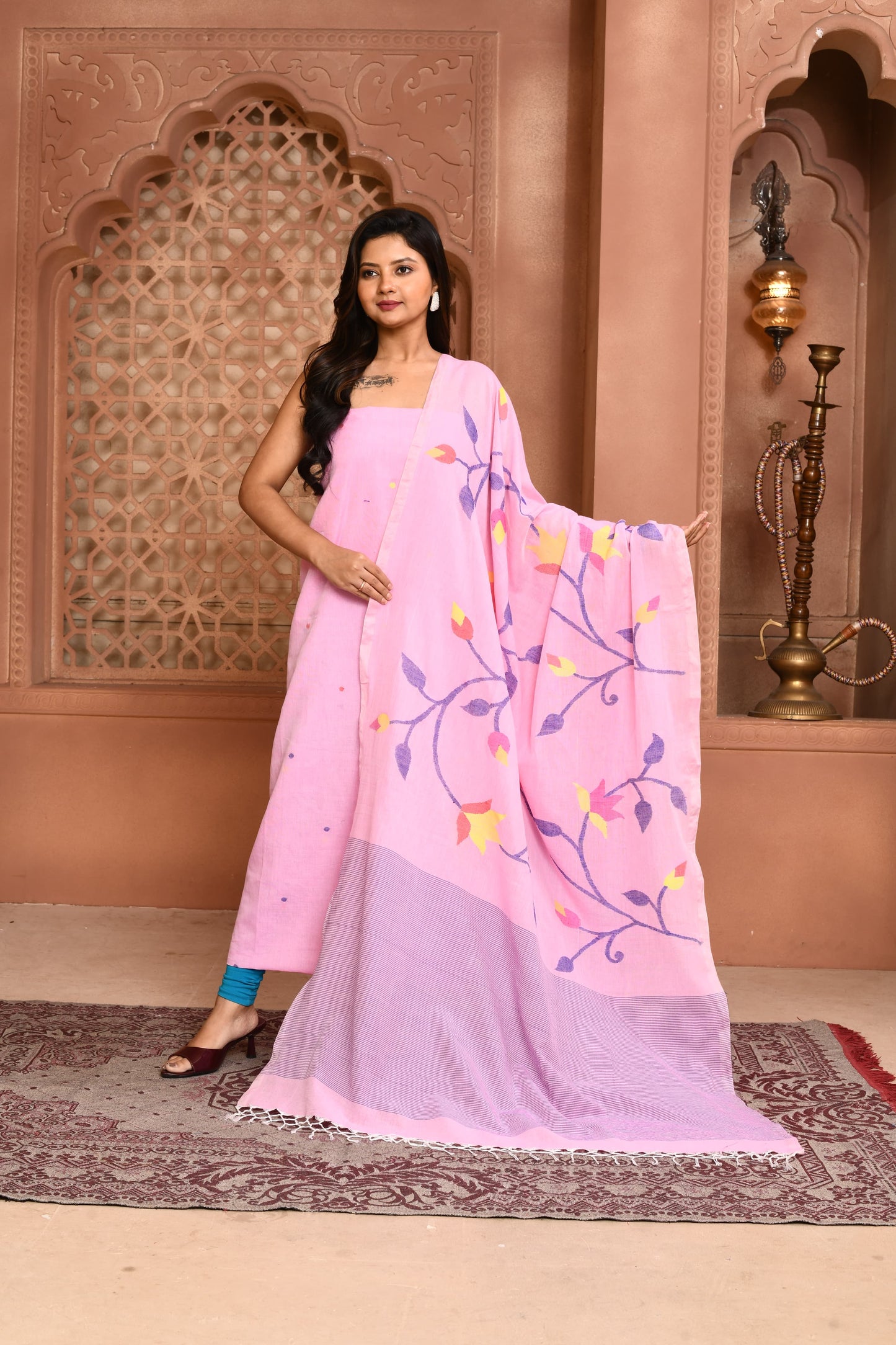𝑲𝒖𝒔𝒖𝒎  - Mul cotton tantuj needle weaved all over jaal work dupatta with polka dot suit
