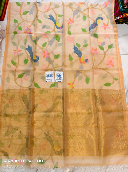 Papri Resham silk jamdani saree with allover handwoven bird & floral weaves by Rihyaaz 