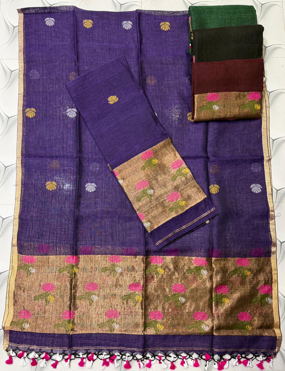 Nusrat Linen Jacquard Palla Jamdani Saree by Rihyaaz featuring an elegant handwoven jacquard palla, premium linen fabric, intricate Jamdani weaving, and a sophisticated traditional design suitable for festive, ethnic, and contemporary occasions.