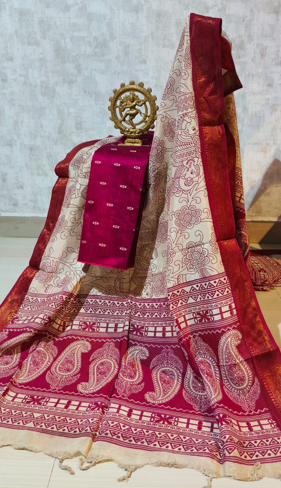 Ikkat Raw Silk Unstitched Dress Material with Kalamkari Dupatta
