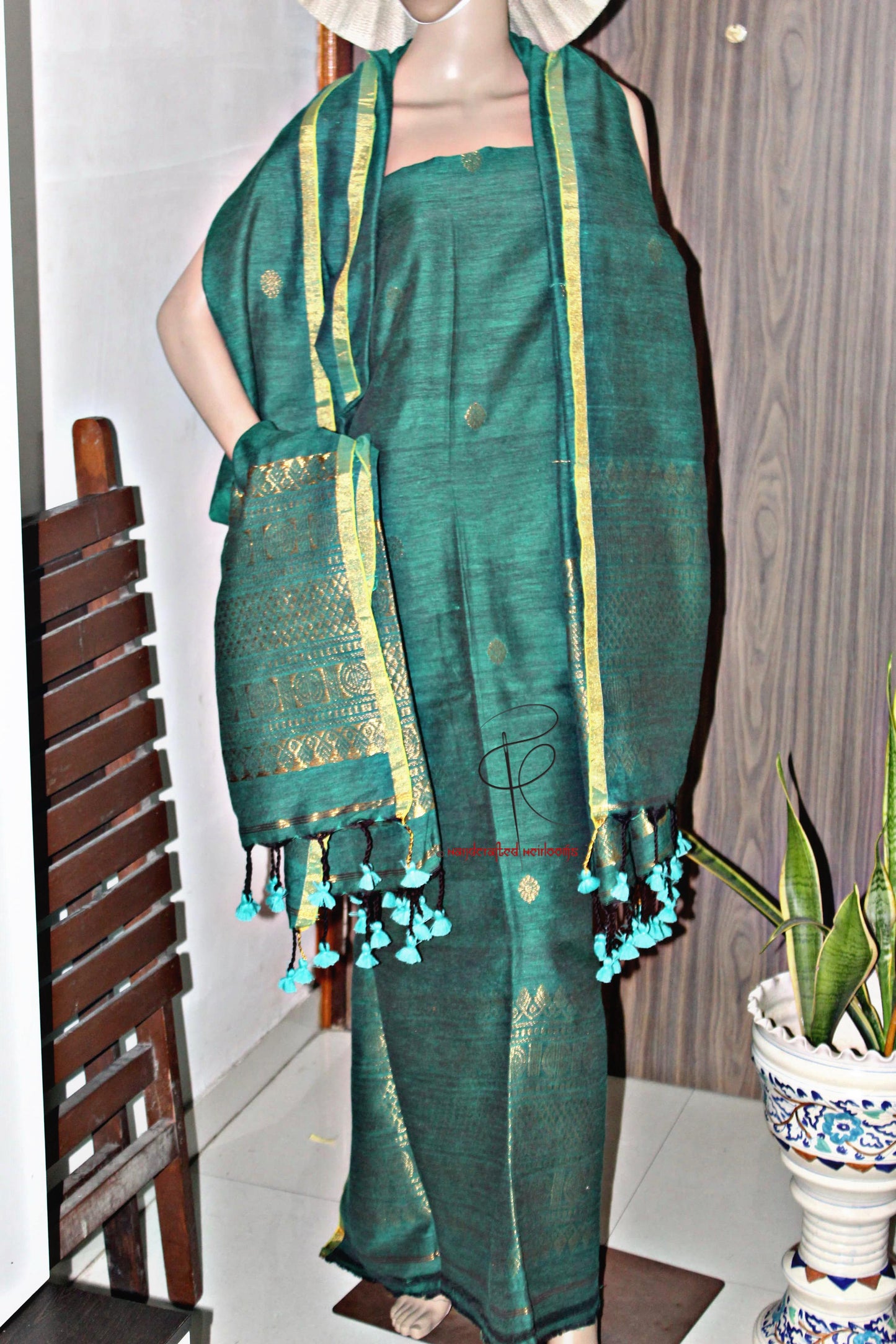 Ramya- Premium Textured Linen Suit with Madurai Border Top & Dupatta | Elegant Handwoven Craft